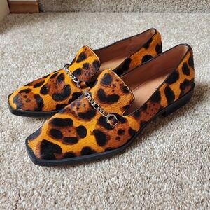 Franco Sarto Basha Chain Square Toe Calf Hair Loafer. Animal print. Size 5.5